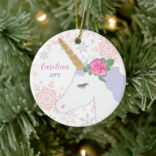 Magical Unicorn Glitter Snowflakes Custom Name Ceramic Tree Decoration