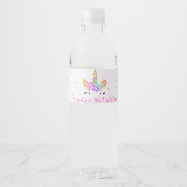 Magical Unicorn Glitter Stars Birthday Water Bottle Label (Front)