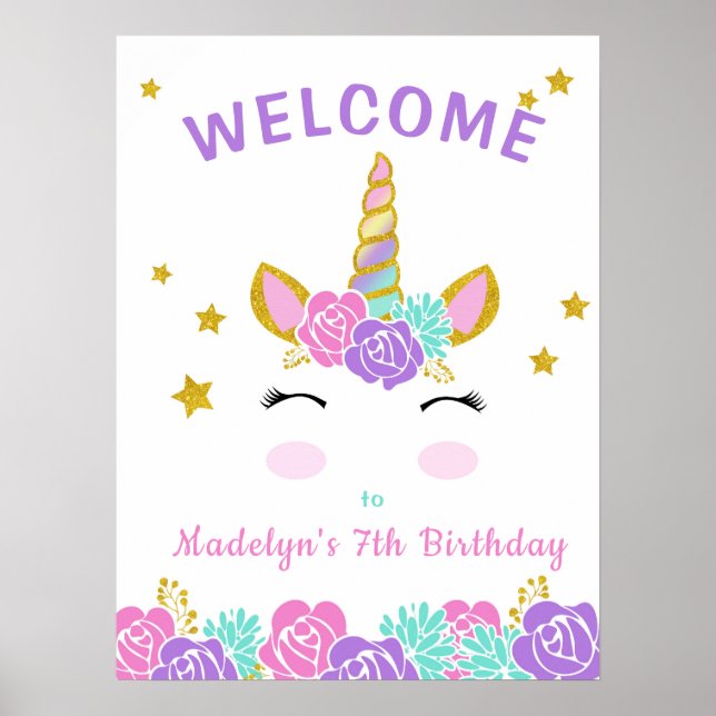 Magical Unicorn Glitter Stars Birthday Welcome Poster (Front)