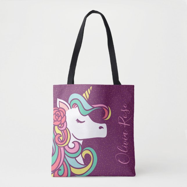 Magical Unicorn Gold Glitter Personalised Girl's Tote Bag (Front)