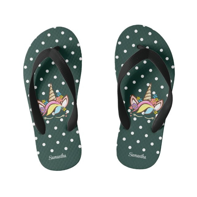 Magical Unicorn Green Girl Name Floral Dots Kid's Flip Flops (Footbed)