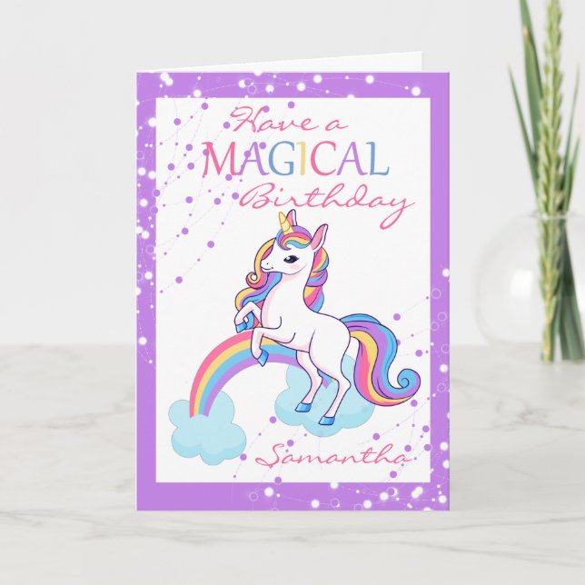 Magical Unicorn Happy Birthday Purple  Card (Front)