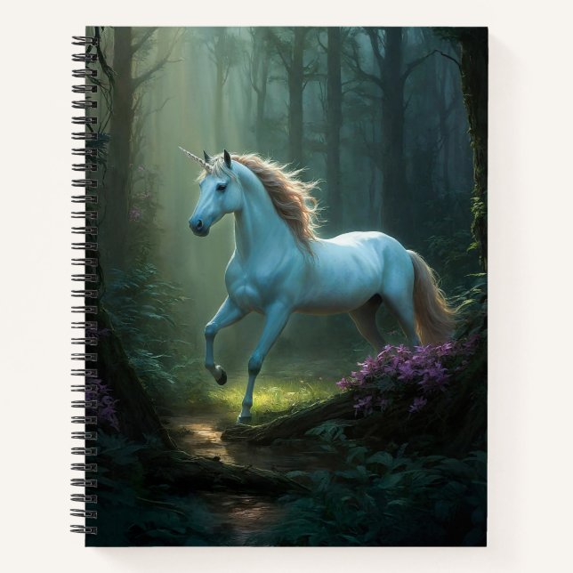 Magical Unicorn in Enchanted Forest Notebook (Front)