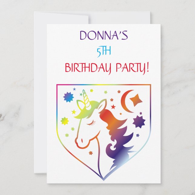 "MAGICAL UNICORN"  KIDS BIRTHDAY PARTY INVITATIONS (Front)