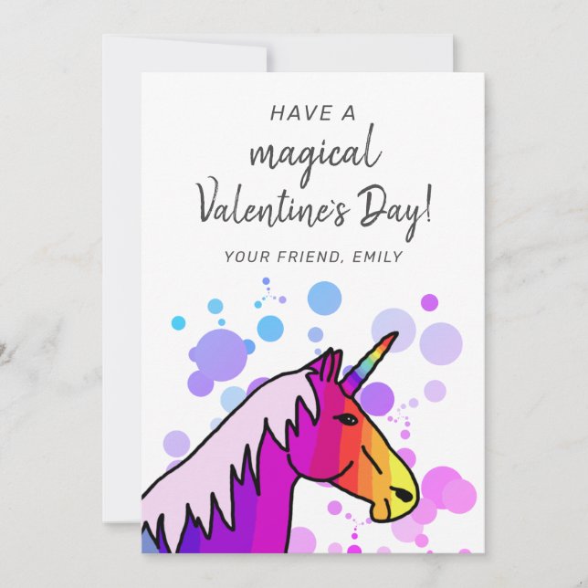 Magical Unicorn Kids Classroom Valentine`s day Holiday Card (Front)