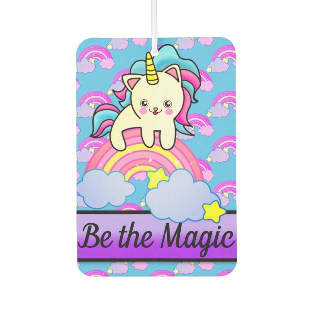Magical Unicorn Kitty Cat on Sparkle Rainbow Car Air Freshener (Front)