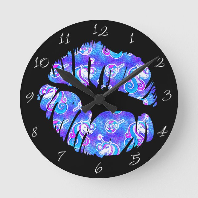 Magical UNICORN LIPS  Iridescent Purple Metallic Round Clock (Front)