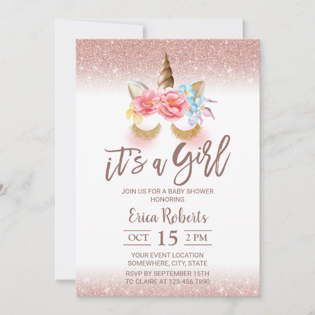 Magical Unicorn Modern Rose Gold Girl Baby Shower Invitation (Front)