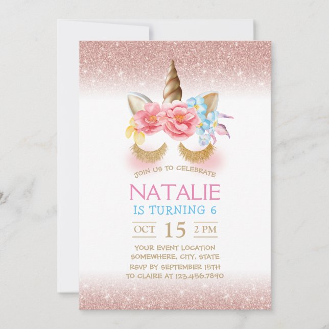 Magical Unicorn Modern Rose Gold Glitter Birthday Invitation (Front)