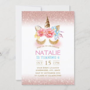 Magical Unicorn Modern Rose Gold Glitter Birthday Invitation