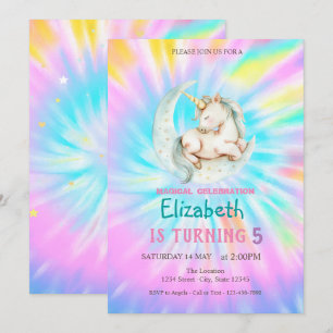 Magical Unicorn Moon Rainbow Tie Dye Birthday Invitation