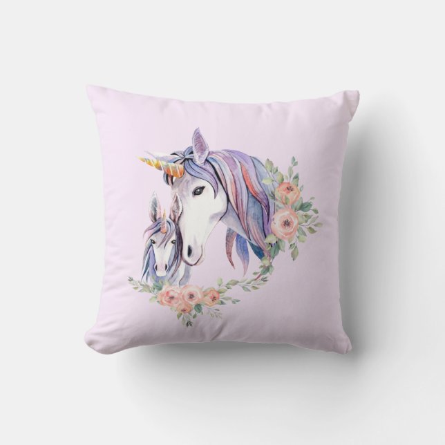 Magical Unicorn Mum & Baby Watercolor Cushion (Front)