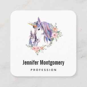 Magical Unicorn Mum & Baby Watercolor Square Business Card