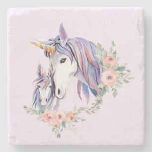 Magical Unicorn Mum & Baby Watercolor Stone Coaster