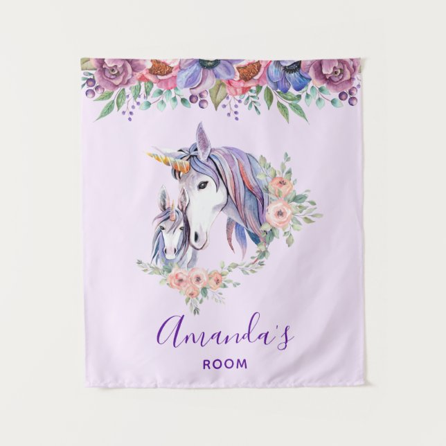 Magical Unicorn Mum & Baby Watercolor Tapestry (Front)