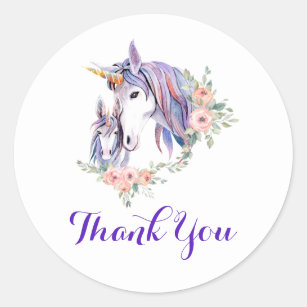 Magical Unicorn Mum & Baby Watercolor Thank You Classic Round Sticker