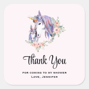 Magical Unicorn Mum & Baby Watercolor Thank You Square Sticker