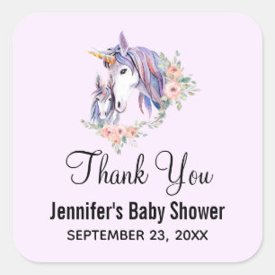 Magical Unicorn Mum & Baby Watercolor Thank You Square Sticker