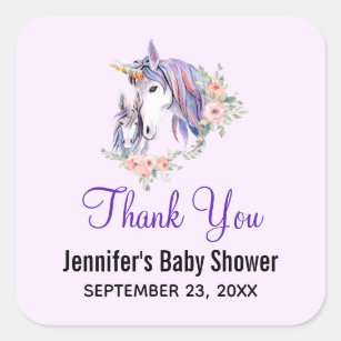 Magical Unicorn Mum & Baby Watercolor Thank You Square Sticker