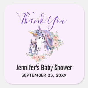 Magical Unicorn Mum & Baby Watercolor Thank You Square Sticker