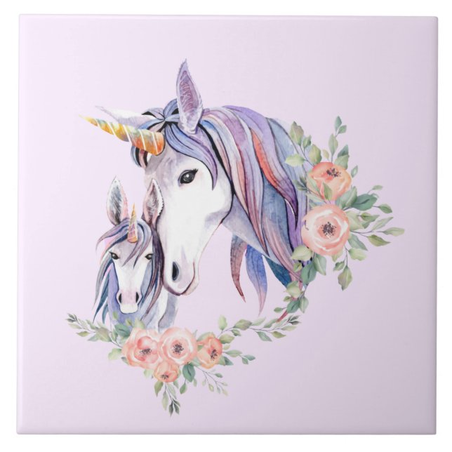 Magical Unicorn Mum & Baby Watercolor Tile (Front)