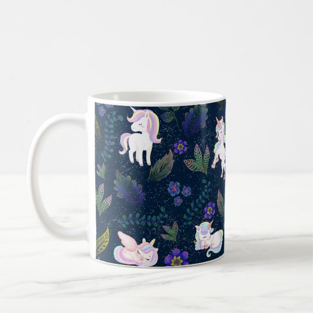 Magical Unicorn Night Forest Seamless Pattern Coffee Mug (Left)