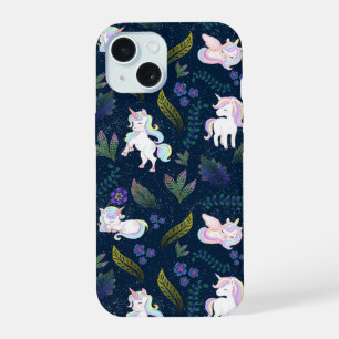 Magical Unicorn Night Forest Seamless Pattern iPhone 15 Case