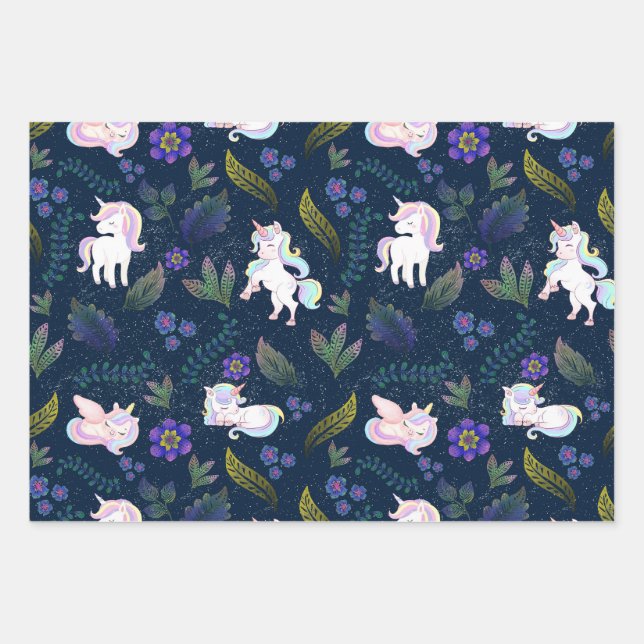 Magical Unicorn Night Forest Seamless Pattern Wrapping Paper Sheet (Front)