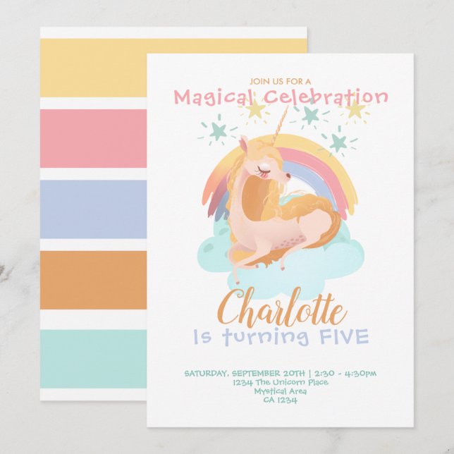 Magical Unicorn On Cloud Personalised Birthday Invitation (Front/Back)