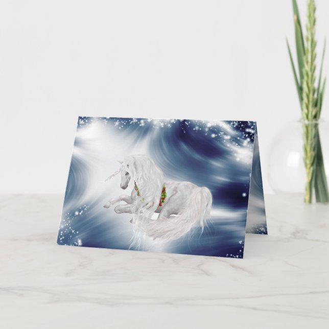 Magical Unicorn on Deep Blue  Holiday Greeting Card (Front)