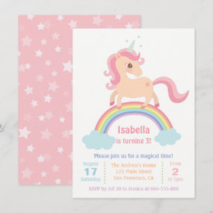 Magical Unicorn on Rainbow Girls Birthday Party Invitation