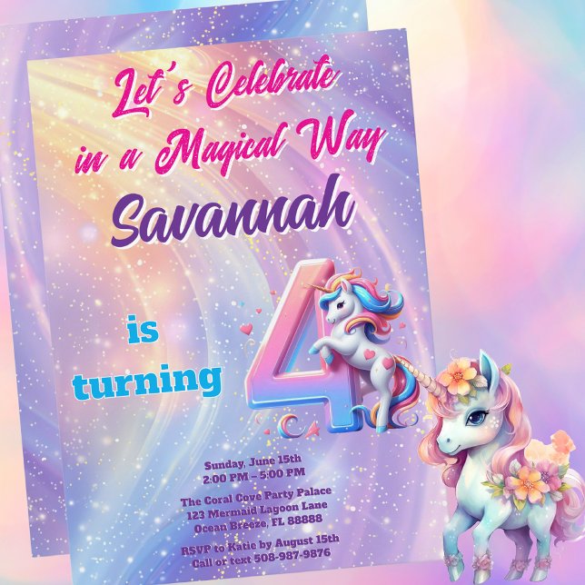 Magical Unicorn Pastel 4th Birthday Party  Invitation (Magical Unicorn Birthday Party Invitation)