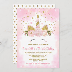 Magical Unicorn Pastel Pink Clouds Birthday Party Invitation