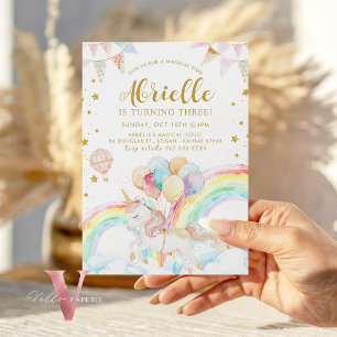 Magical Unicorn Pastel Rainbow Gold Glitter Bday Invitation