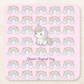 Magical Unicorn Pastel Rainbow Party  Square Paper Coaster