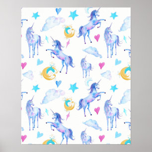 Magical Unicorn Pattern Watercolor Fantasy Design Poster