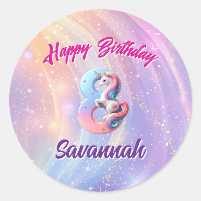 Magical Unicorn Personalised 8th Birthday Stickers (Front)