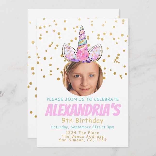 Magical Unicorn Personalised Fun Birthday Party Invitation (Front/Back)