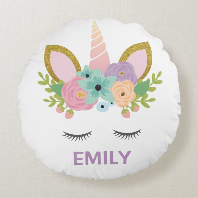 Magical Unicorn Personalised  name glitter girly   Round Cushion (Front)