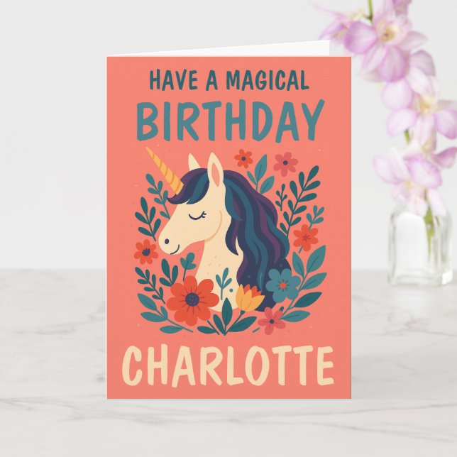 Magical Unicorn Personalised Whimsical Birthday  Card (Orchid)