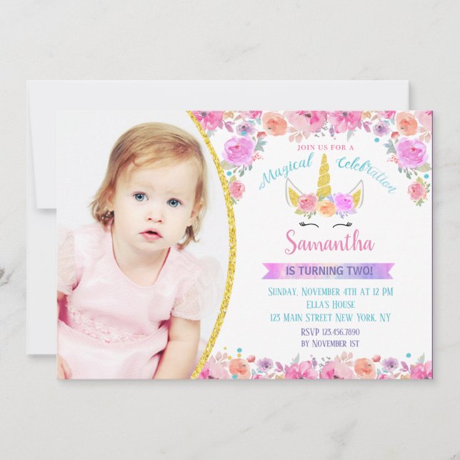 Magical Unicorn Photo Birthday Invitations (Front)