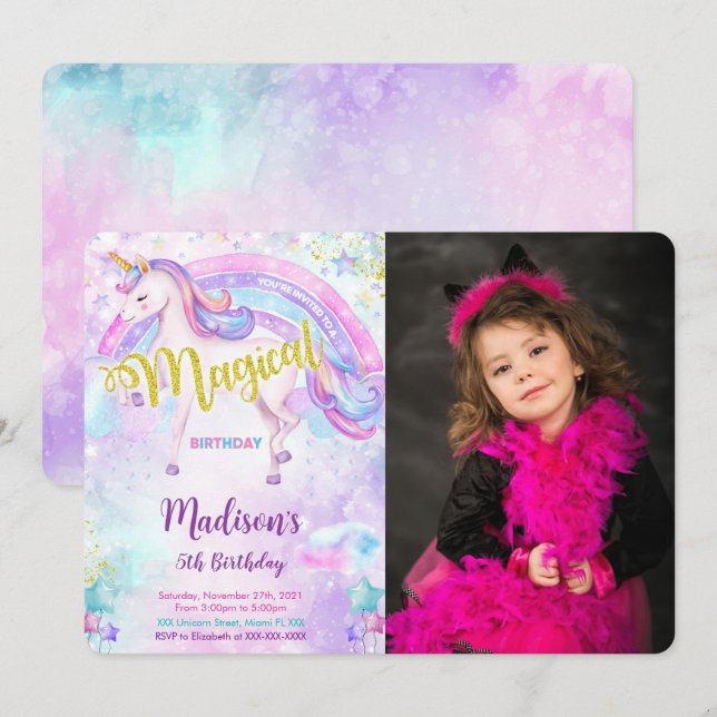 Magical Unicorn Photo Invitation  (Front/Back)