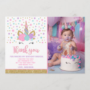 Magical Unicorn Photo Thank You Card Pink Gold