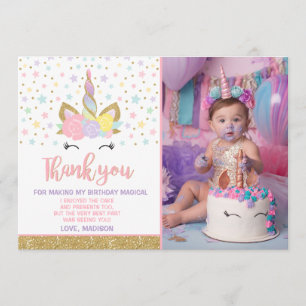 Magical Unicorn Photo Thank You Card Pink Gold