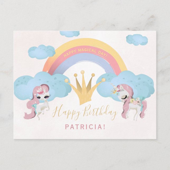 Magical unicorn pink and gold girls happy birthday postcard (Front)