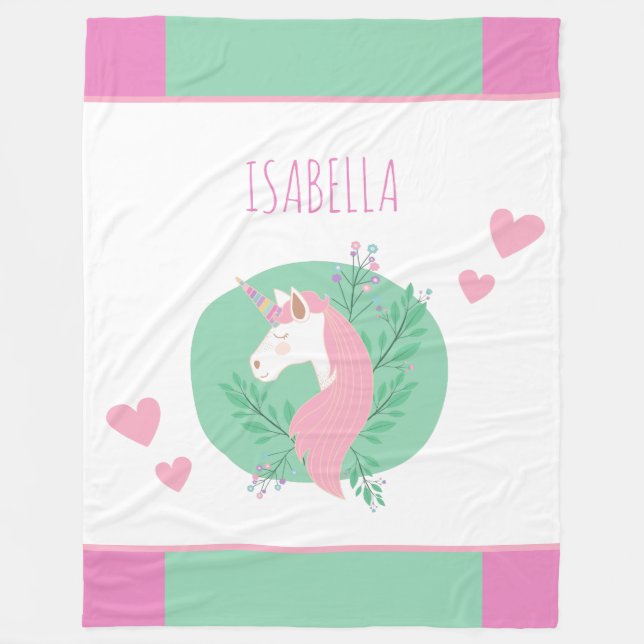 Magical Unicorn Pink and Teal Little Girl Name Fleece Blanket (Front)