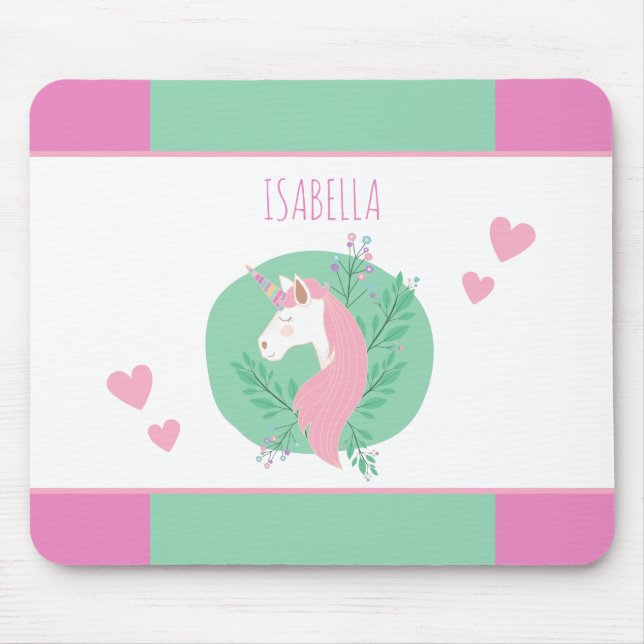 Magical Unicorn Pink and Teal Little Girl Name Mouse Mat (Front)