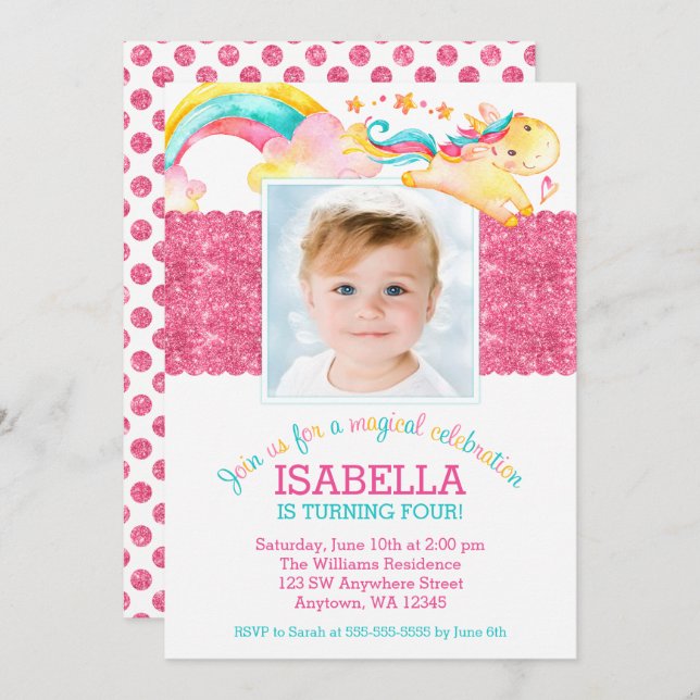 Magical Unicorn Pink Birthday Photo Invitations (Front/Back)