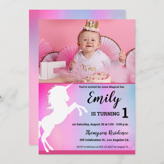 Magical Unicorn Pink Custom Photo 1st birthday Invitation (Front/Back)