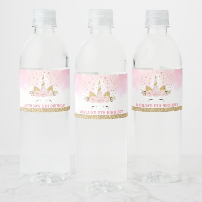 Magical Unicorn Pink Galaxy Clouds Birthday Favour Water Bottle Label (Bottles)